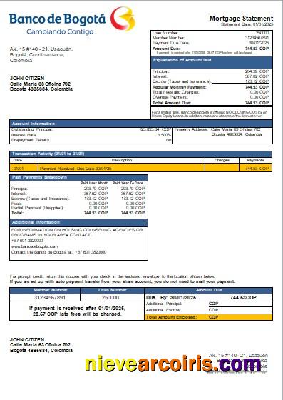 Colombia Banco de Bogotá bank mortgage statement